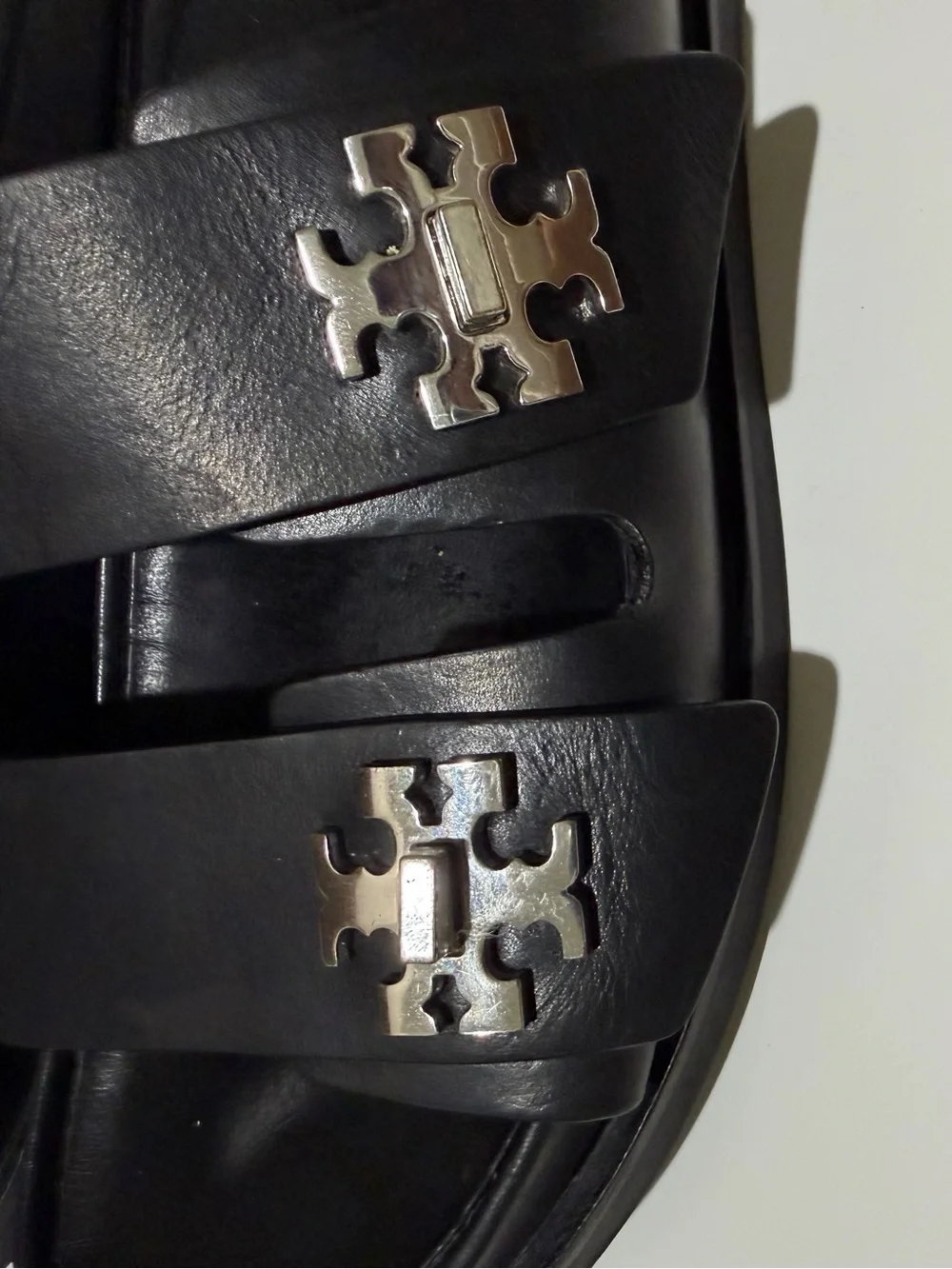 Tory Burch TURNLOCK SPORT SLIDE Black Leather Sz 9 Silver Logo Hardware